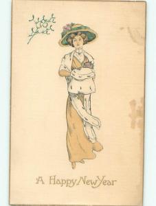 Pre-Linen New Year PRETTY GIRL WITH HAND WARMER AB2587