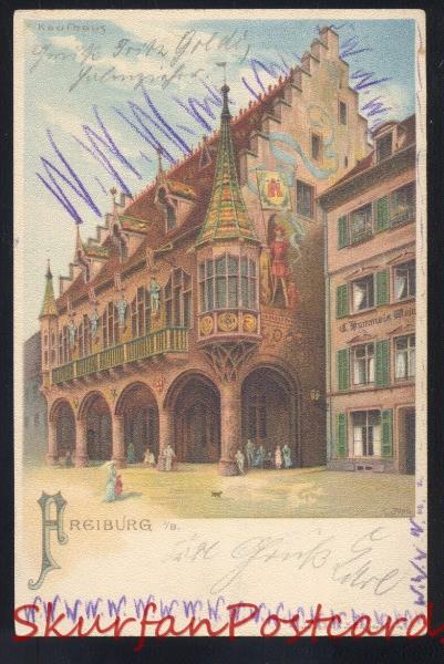 FREIBURG I.A. GERMANY 1901 DOWNTOWN STREET SCENE ANTIQUE VINTAGE POSTCARD