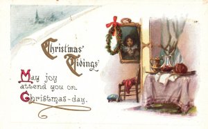 Christmas Tidings Home Holiday Celebration Greetings Wishes Vintage Postcard