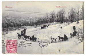 Tandem Drive, Montreal, Canada, Horse Drawn Sleighs 1908 Postcard, Mailed France