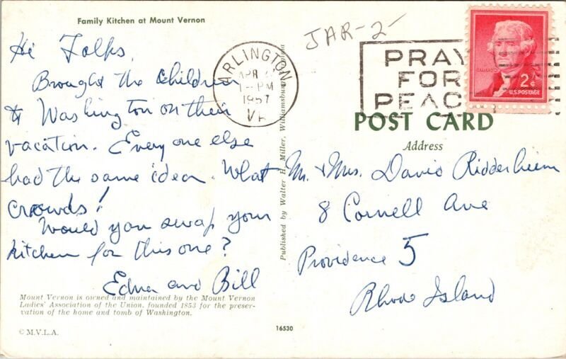 Family Kitchen Mount Vernon Virginia VA Postcard PM Arlington Cancel WOB Note