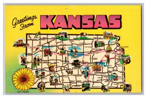 Vintage Postcard Greetings From Kansas State Map Card