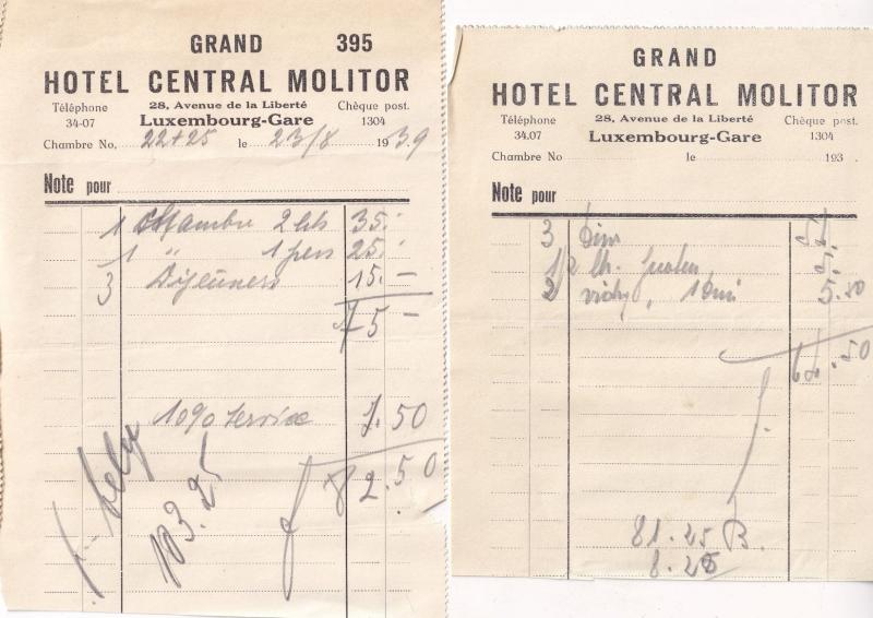 Hotel Central Molitor Luxembourg Station Gare WW2 1939 2x Receipt s