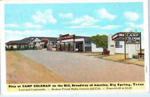 BIG SPRING, TX Texas   CAMP  COLEMAN on the Hill  c1930s  Roadside   Postcard