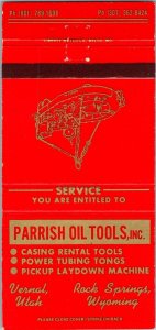 Matchbook Cover Parrish Oil Tools Vernal, Utah Rock Springs, Wyoming MB173