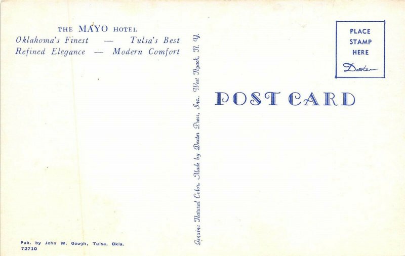 Tulsa Oklahoma 1950s Postcard The Mayo Hotel Cars Bus