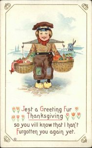 THANKSGIVING Little Dutch Boy w Baskets of Food WINDMILL c1910 Postcard