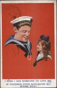 Emglish Navy Sailor & Little Girl French Caption FADEAWAY ART Postcard