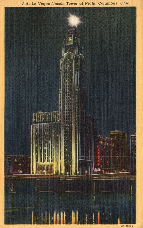 Vintage Postcard 1940's Le Veque-Lincoln Tower Building At Night Columbus Ohio 