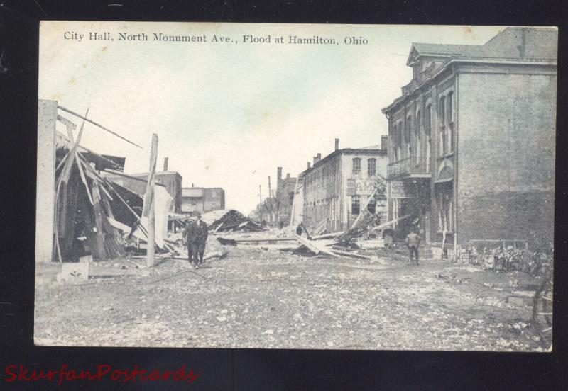 HAMILTON OHIO FLOOD DISASTER DOWNTOWN CITY HALL STREET SCENE 1913 POSTCARD