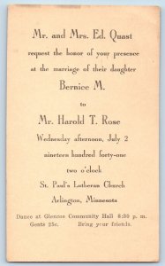 Arlington Minnesota MN Postal Card Wedding of Bernice and Harold c1940's