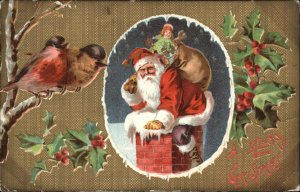Christmas Santa Claus Goes Down Chimney c1910 Vintage Postcard