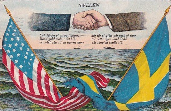 Sweden and United States Flag With Hands Shaking Over Ocean 1906