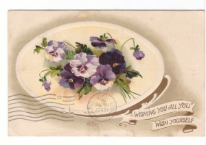 Wishing You All You Wish Yourself, Purple Flowers, 1911 Greetings Postcard