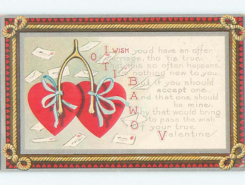 Unused Pre-Linen valentine HEARTS TIED TOGETHER BY A WISHBONE k5537@