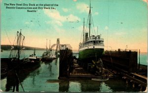 New Steel Dry Dock at Seattle Construciton Dry Dock Co DB Postcard T14