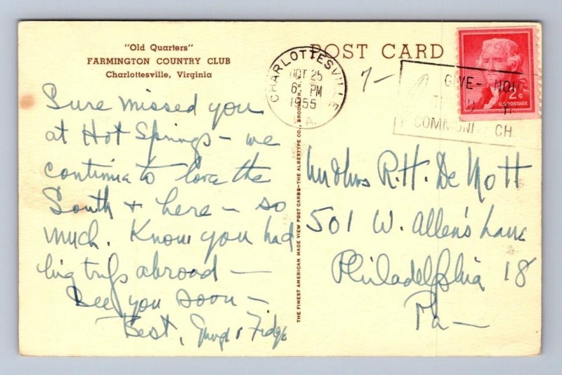 OLD QUARTERS FARMINGTON COUNTRY CLUB CHARLOTTSVILLE VIRGINIA GOLF POSTCARD 1955