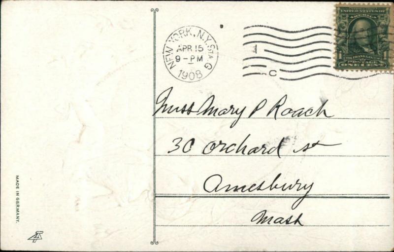 Easter - Little Boy in Hat Giant Egg Chick Gold Embossed c1910 Postcard 