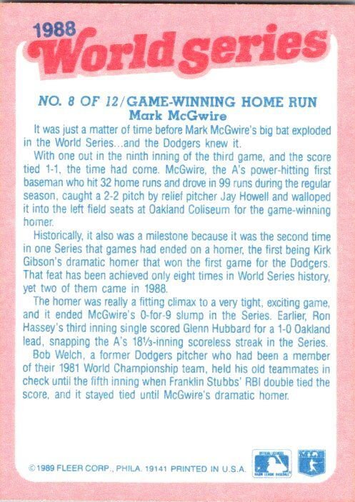 1989 Score Baseball Card '88 World Series Mark McGwire sk20892