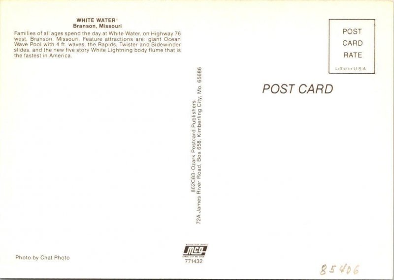 Branson, MO Missouri  WHITE WATER PARK  Pools~Slides~Flume Rides  4X6 Postcard