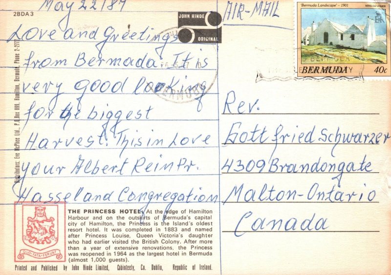 VINTAGE CONTINENTAL SIZE POSTCARD THE PRINCESS HOTEL AT PEMBROKE PARISH BERMUDA 