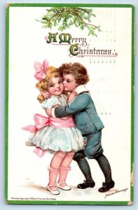 Frances Brundage Signed Postcard Christmas Children Kissing Under Mistletoe 1912