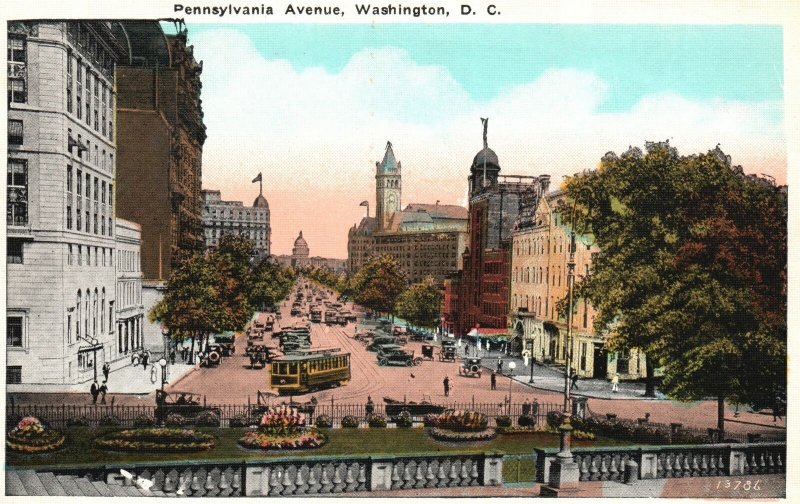 Vintage Postcard 1920's Pennsylvania Avenue Famous Street In Washington DC