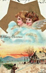 Angel Cherub Jewish Religious Gold Glitter Merry Christmas c.1905 Postcard