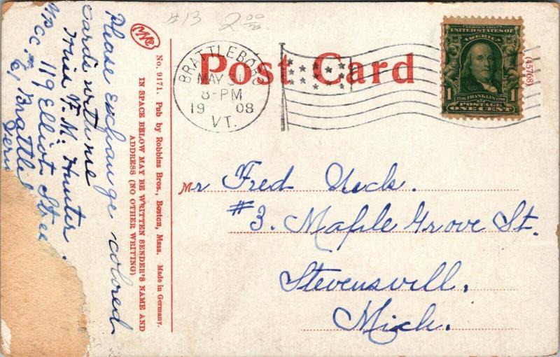 Brattleboro Vermont~New Bridge Over Connecticut River~Flour Mill~1908 Postcard