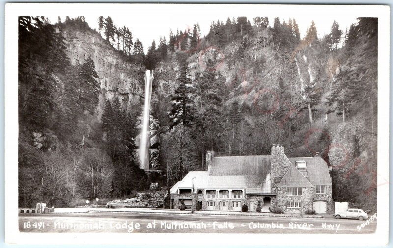 c1950s Bridal Veil, OR RPPC Multnomah Falls Lodge Real Photo Postcard Car A93