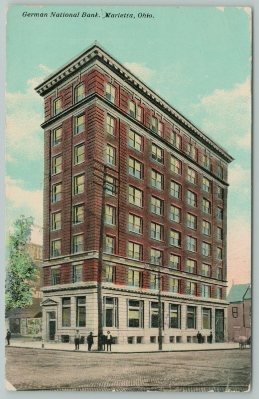 Marietta Ohio~German National Bank~Men on Corner Lean on Telephone Pole~1911