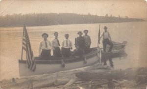 J79/ John Island Ontario Canada RPPC Postcard c1910 American Flag Boat 382