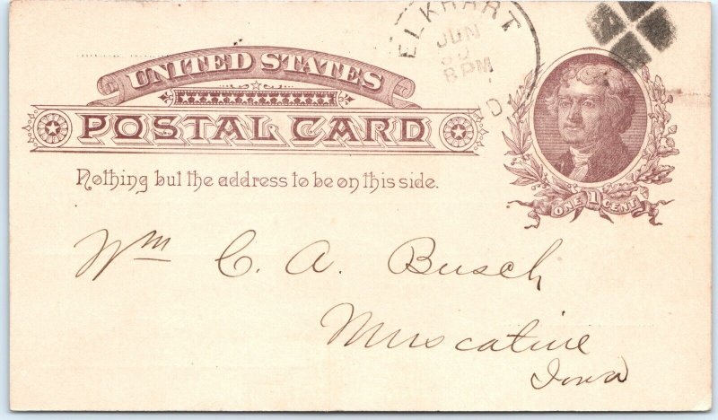 1887 Elkhart, Ind Jones & Primley Receipt 1c US Postal Card Fancy Cancel IN A162