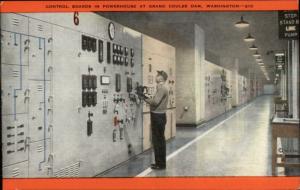 Grand Coulee Dam WA Powerhouse Control Boards & Operator Linen Postcard