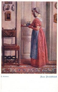 Kuderna Hotel House Maid With Breakfast Antique German Painting Postcard