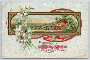 Vintage Postcard Best Wishes Greetings Card! White Flowers Country House Gate