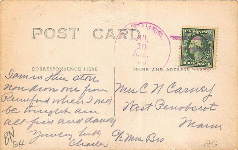 Hanover ME Dirt Street Post Office 1913 Color Cancel RPPC Postcard
