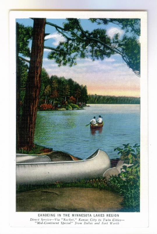 Canoeing in the Minnesota Lakes Region, unused Kropp Rock Island linen Postcard