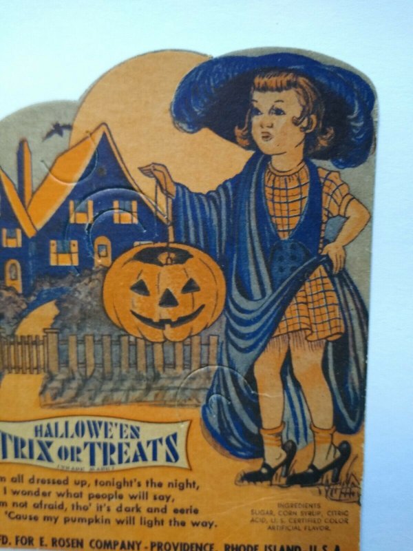Halloween Girl Diecut Lollypop Candy Sucker Card E Rosen Original Unused Vintage
