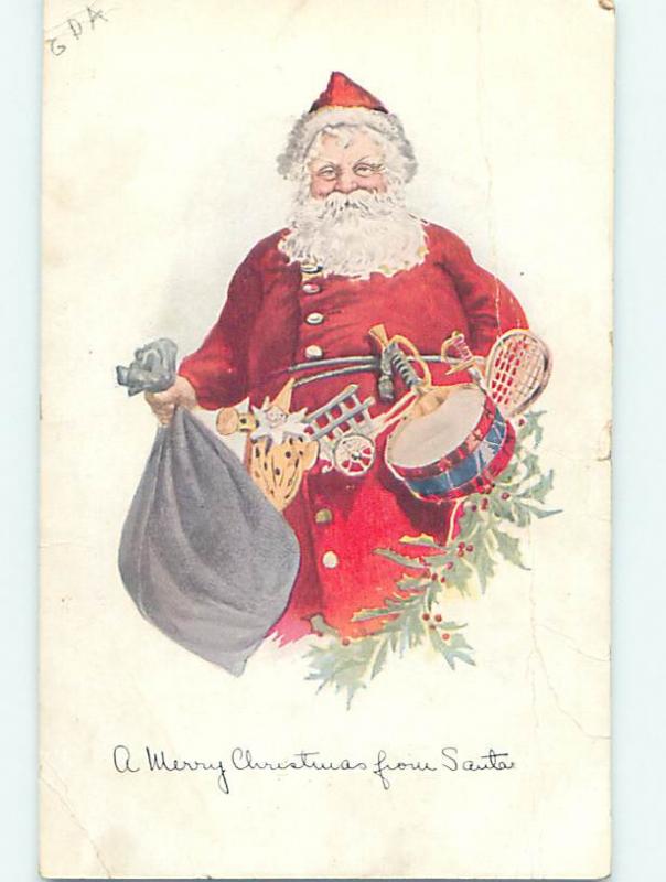 Bent Pre-Linen christmas SANTA CLAUS CARRYING SACK IN HIS HAND hr3070