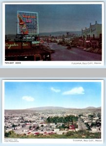 2 Postcards TIJUANA, MEXICO ~ Day/Twilight PANORAMIC VIEW Night Neon c1940s