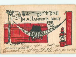 Pre-Linen Comic BLACK CATS SITTING ON A HAMMOCK AB8976