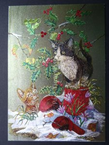 Pussy Cat KITTENS & CHRISTMAS HOLLY c1980's by F J Warren DUFEX FOIL Postcard