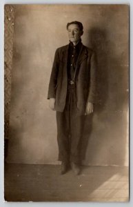 RPPC Young Man Oversized Clothes to Shafer in San Pedro CA Photo Postcard D21