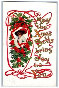 Altura Minnesota MN Postcard Christmas Holly Berries Pretty Woman Big Hat c1910s