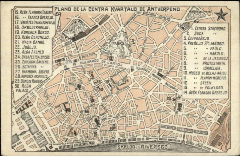 Antwerp Antverpeno Belgium - Map - Spanish Issued c1910 Postcard