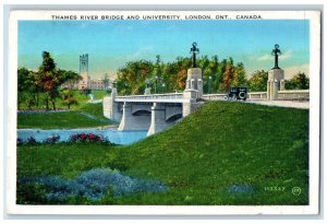1936 Thames River Bridge and University London Ontario Canada Vintage Postcard