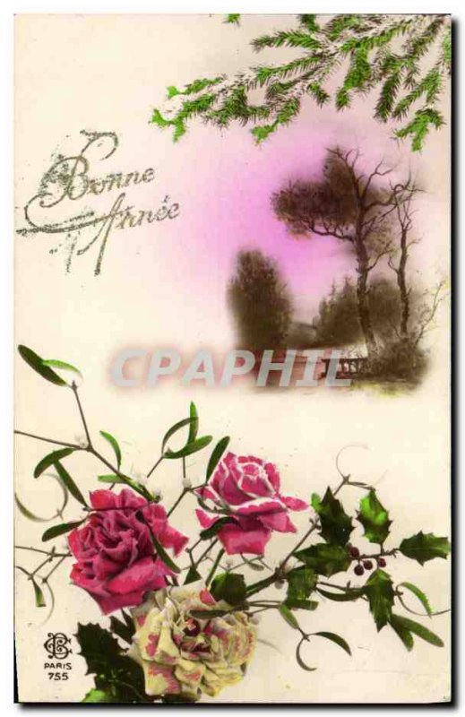 Old Postcard Happy New Year Pink Flowers