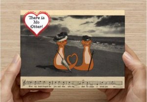 Set of 6 featuring Illustration, Otters in a Romantic Vintage Postcard Scene