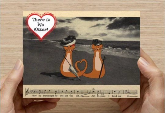 Single (1) Postcard, Otters in a Romantic Vintage Postcard Scene, Original Art